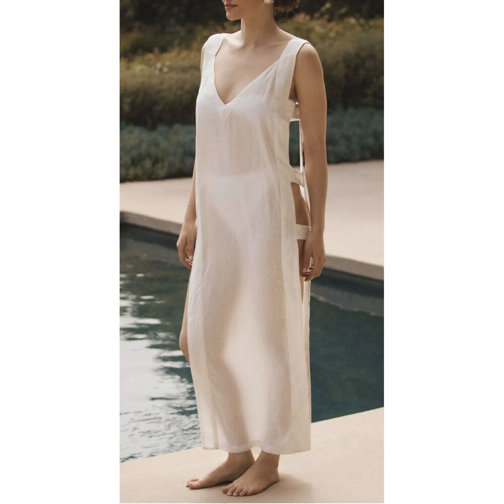 Anthropologie levina linen swim cover Sz S white sexy maxi strappy Grecian